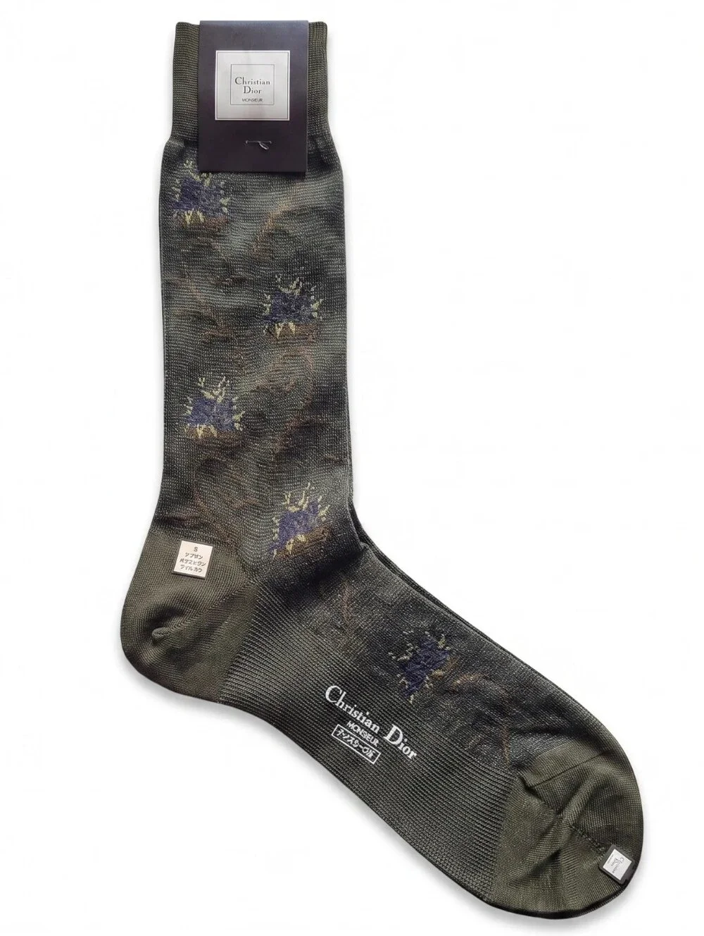 Dior Olive Mid-calf Olive Green Dress Socks with Subtle Navy Floral Motif